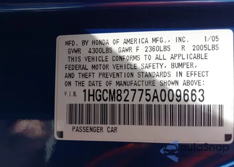 2005 Honda Accord 3.0 Ex from USA, damaged, VIN 1HGCM82775A009663